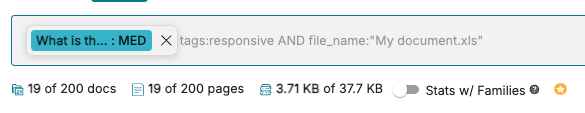 Search bar displaying query and document statistics in a file management interface.